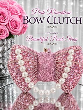 NEW Bow Clutch Purse Sparkling Bling Crystal Rhinestone Bag With Pearl Strap